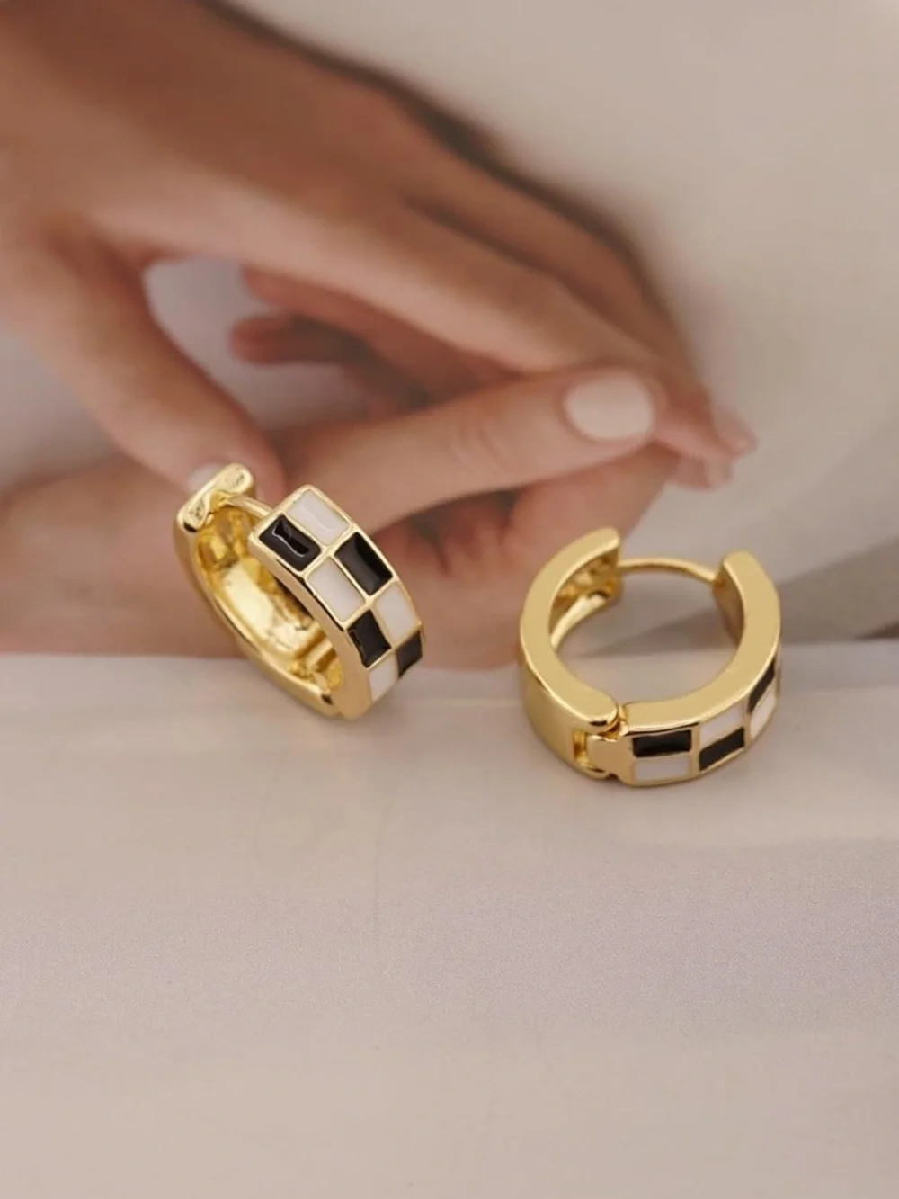 Anthropologie Gold Hoop Earrings with Black and White Check Inlay